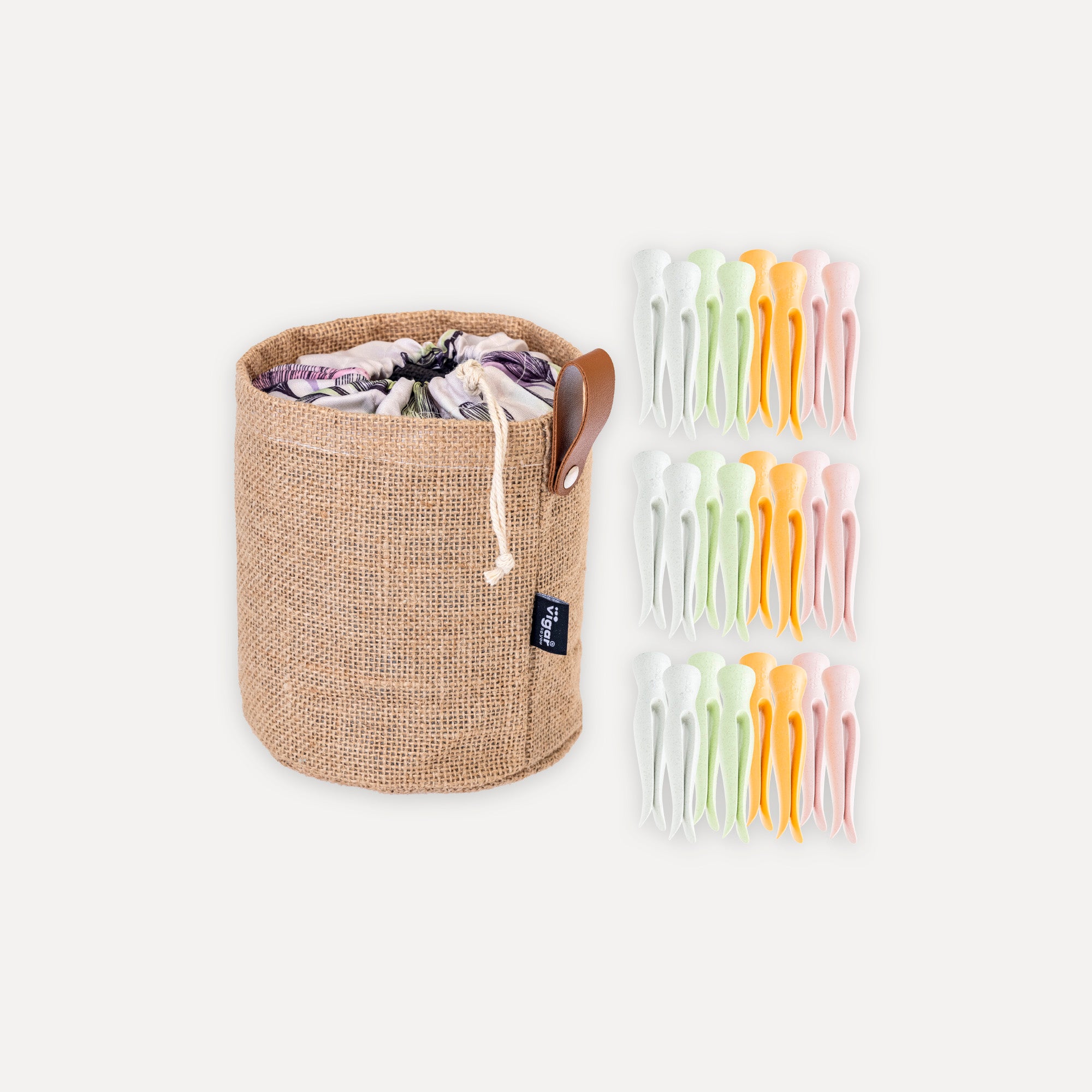 24 pinzas de ropa con cesto de saco