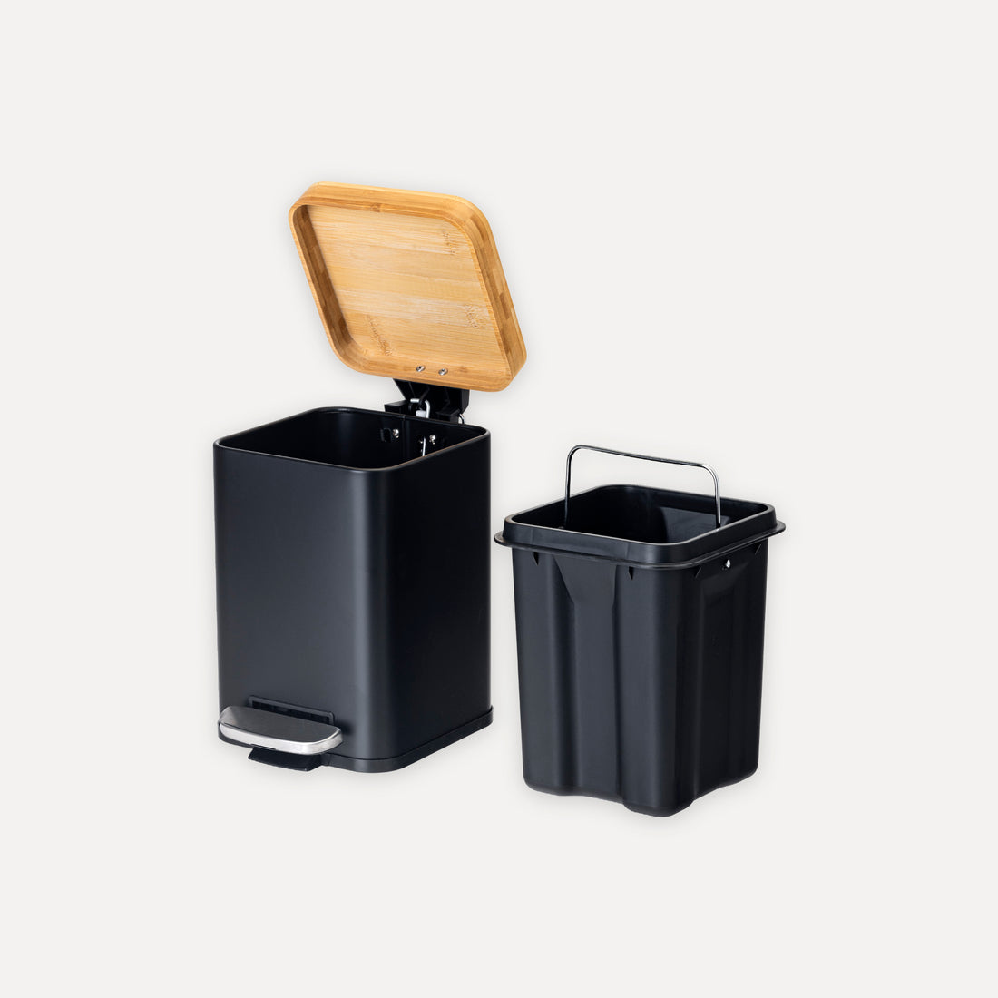 Papelera de baño metálica cuadrada tapa bambú