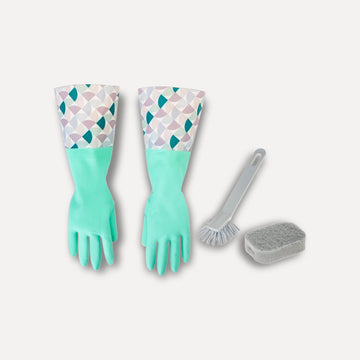 Dishwashing brush set, sponge, and gloves